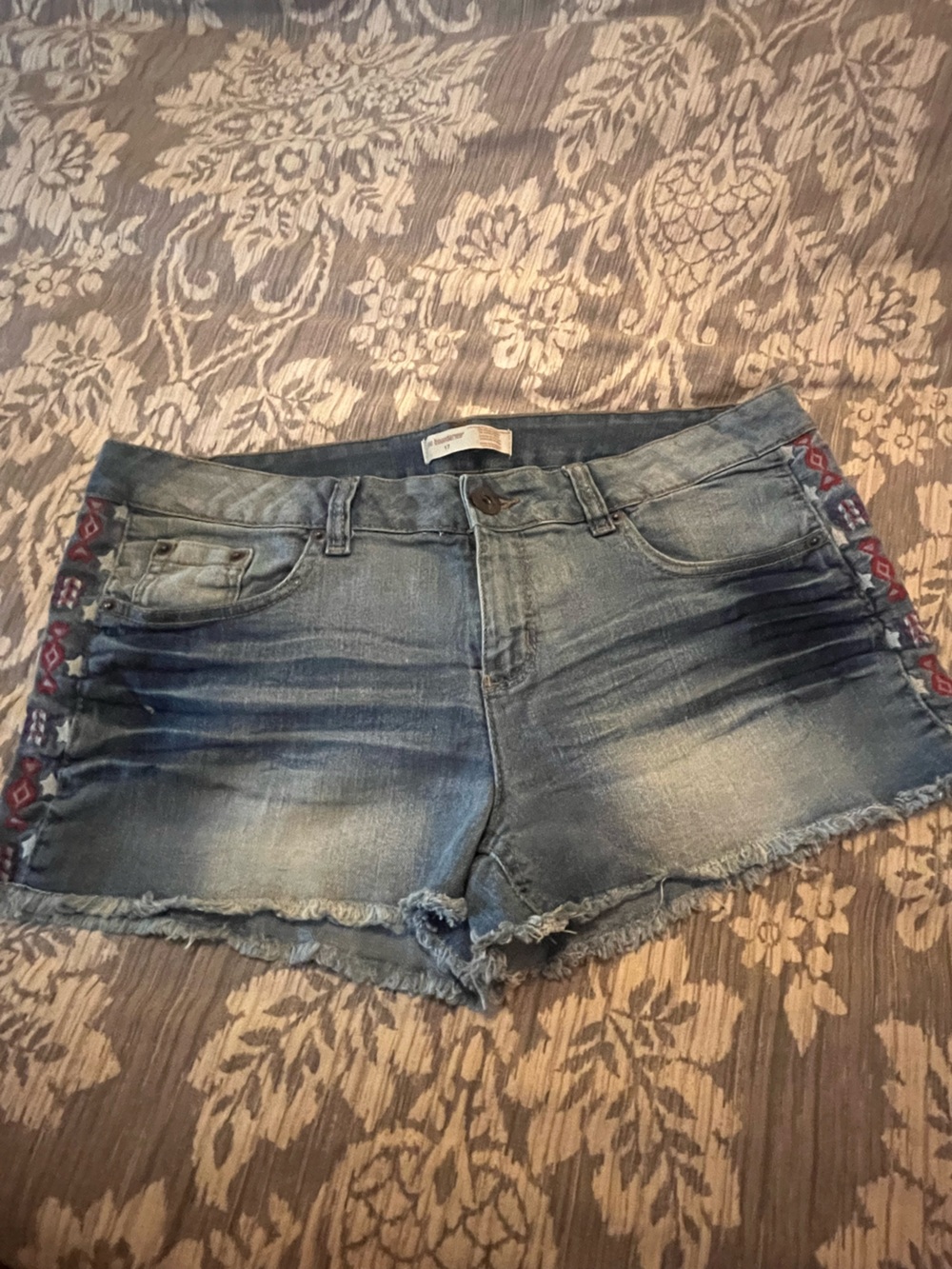 No Boundaries Distressed Blue Denim Shorts with Embroidered Side Trim